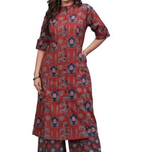 Rytras Women's Pure Cotton Printed A-Line Kurta Set with Palazzo Pants - Ethnic Wear, Maroon