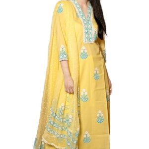 GoSriKi Women's Cotton Blend Straight Hand Block Printed Kurta with Pant & Dupatta