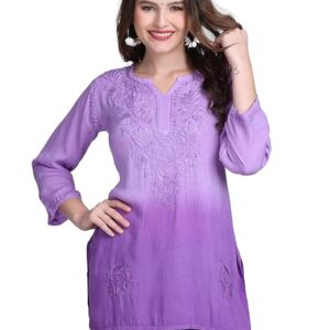 Fashion Chikan Art Women's Lucknowi Chikankari Handwork Dual Shade Short Kurta
