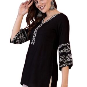 MAHIRA'S Women's Short Kurti, Black Rayon Tunic Top with Embroidered Sleeves, 3/4 Designer Sleeves
